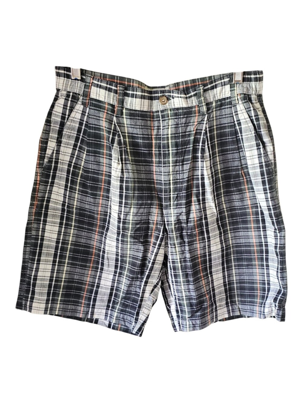 Cubavera Men's Plaid Pleated Shorts Size 32 Black Gray Orange Resort